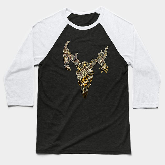 Psychedelic Deer Skull Made of Hands Black and Gold Metal Baseball T-Shirt by AidanThomas